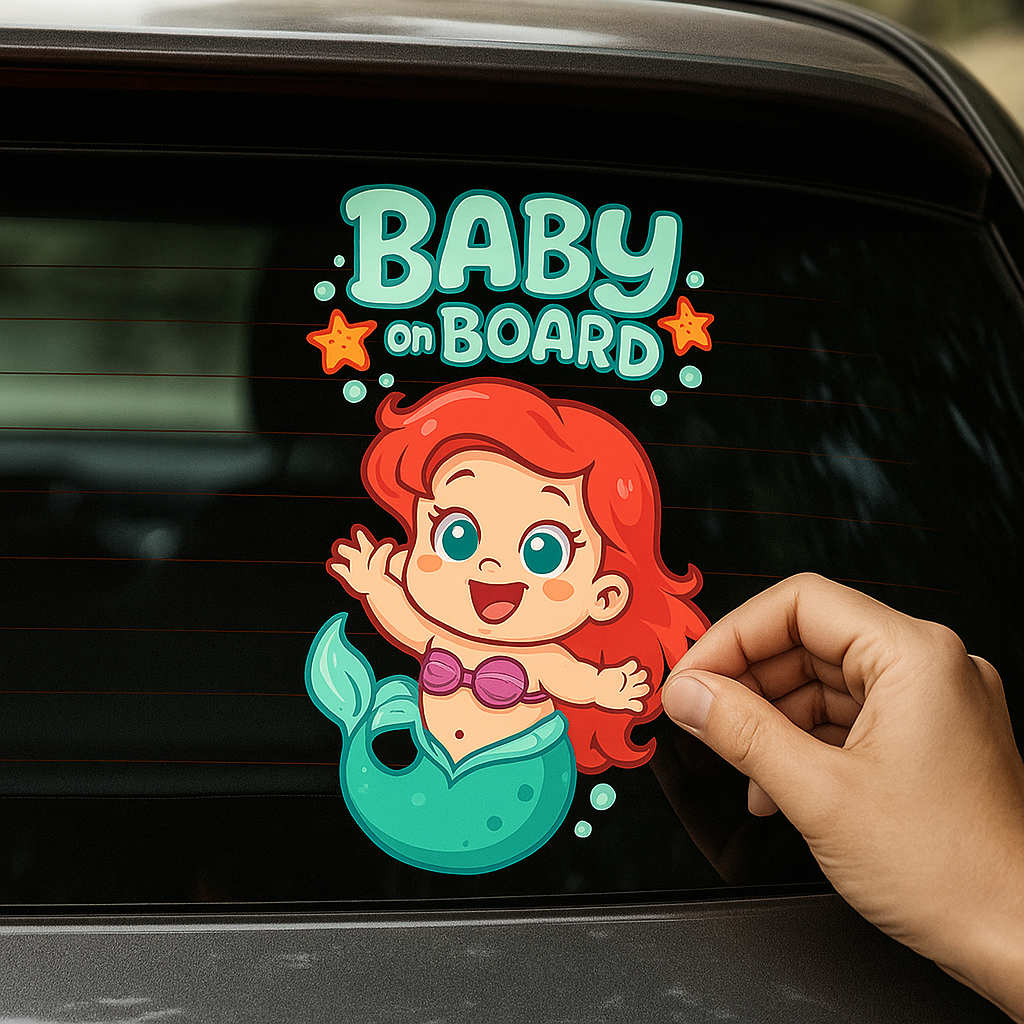Cute Ariel Baby on Board Car Sticker – High Quality Waterproof Vinyl Decal for Little Mermaid Fans