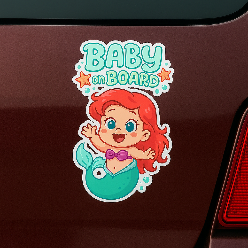 Cute Ariel Baby on Board Car Sticker – High Quality Waterproof Vinyl Decal for Little Mermaid Fans