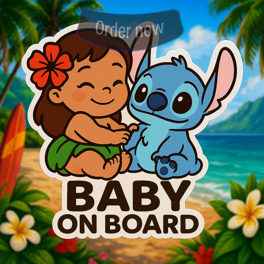 Cute Baby Lilo & Stitch ‘Baby On Board’ Car Sticker – High-Quality Waterproof Vinyl Decal for Cars