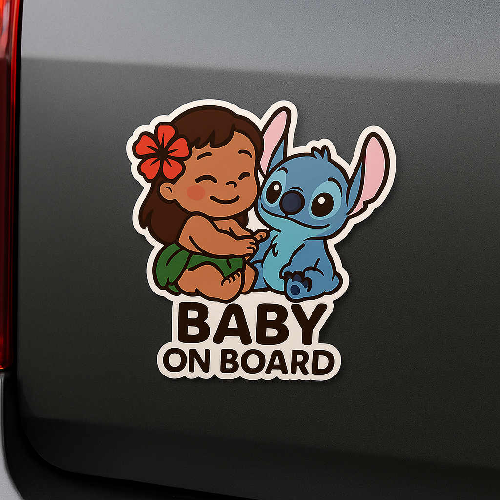 Cute Baby Lilo & Stitch ‘Baby On Board’ Car Sticker – High-Quality Waterproof Vinyl Decal for Cars
