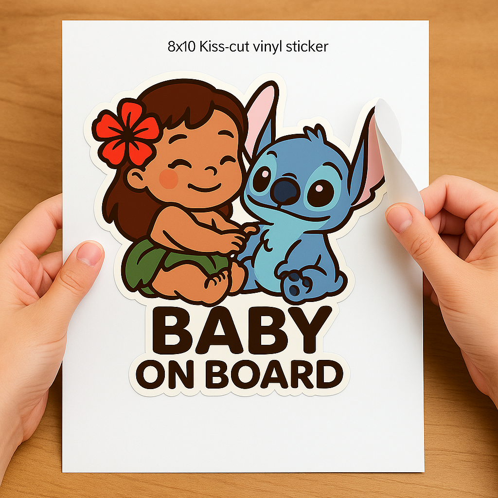 Cute Baby Lilo & Stitch ‘Baby On Board’ Car Sticker – High-Quality Waterproof Vinyl Decal for Cars