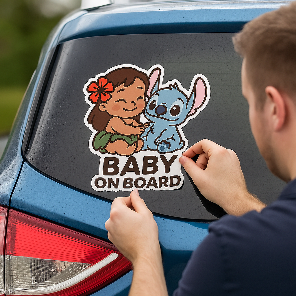 Cute Baby Lilo & Stitch ‘Baby On Board’ Car Sticker – High-Quality Waterproof Vinyl Decal for Cars