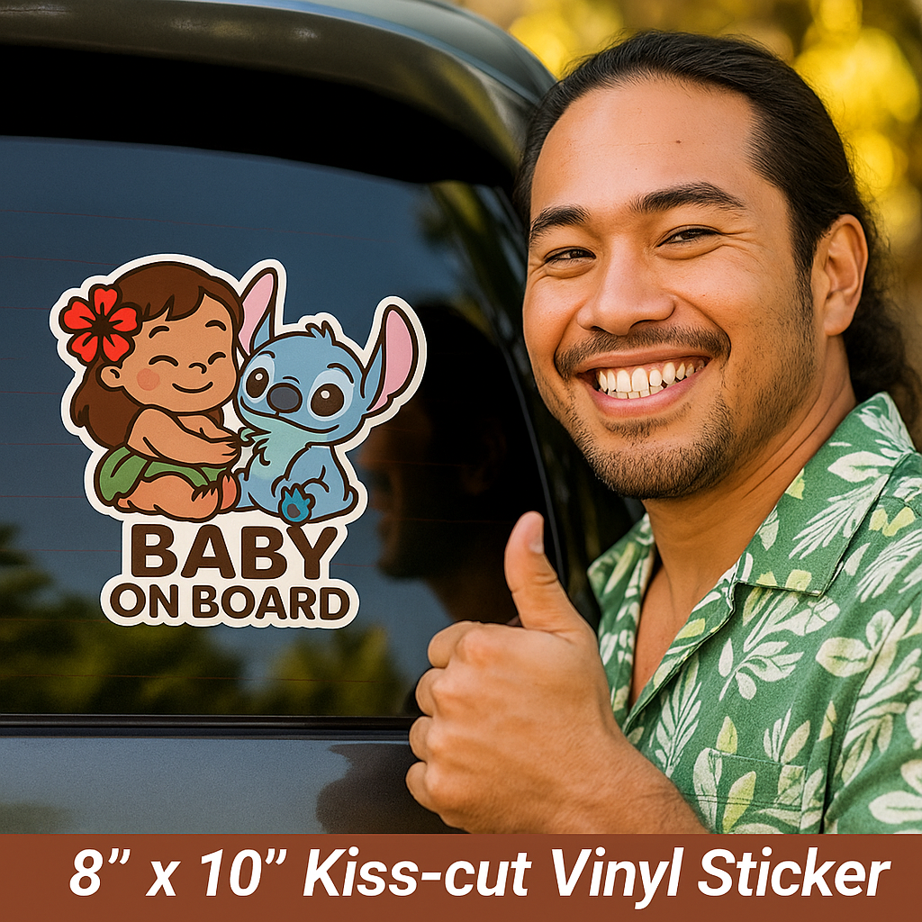 Cute Baby Lilo & Stitch ‘Baby On Board’ Car Sticker – High-Quality Waterproof Vinyl Decal for Cars