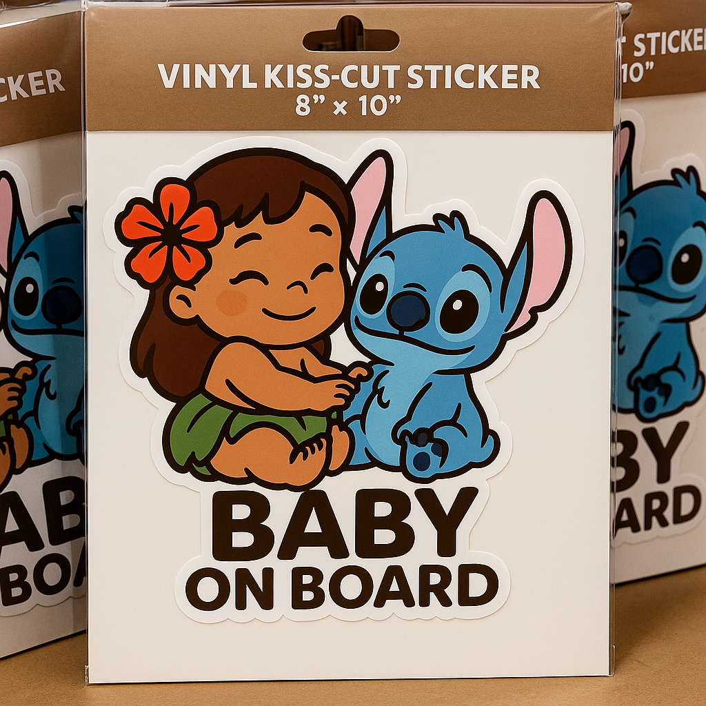 Cute Baby Lilo & Stitch ‘Baby On Board’ Car Sticker – High-Quality Waterproof Vinyl Decal for Cars