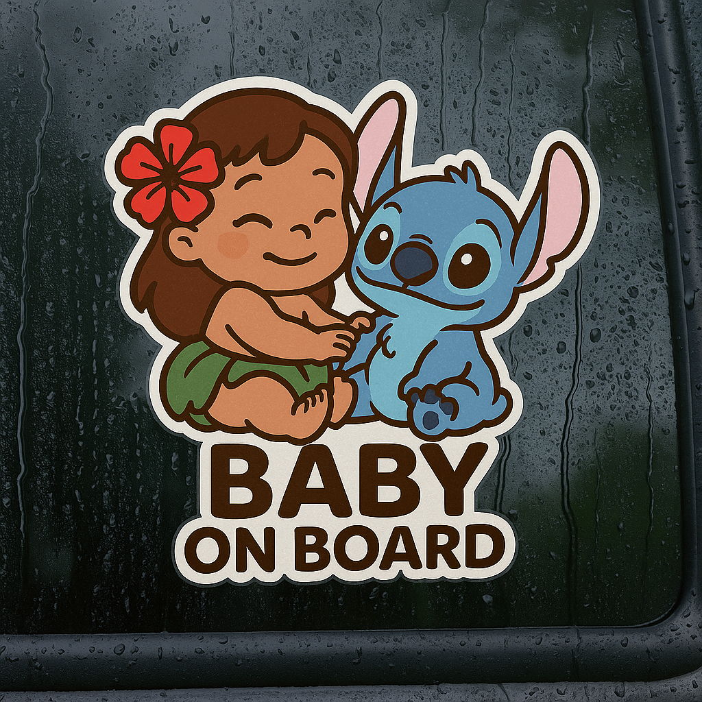 Cute Baby Lilo & Stitch ‘Baby On Board’ Car Sticker – High-Quality Waterproof Vinyl Decal for Cars