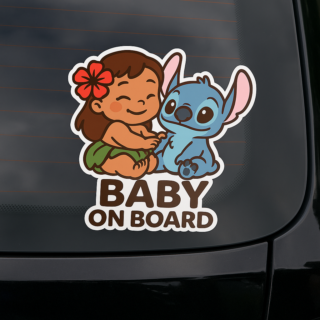 Cute Baby Lilo & Stitch ‘Baby On Board’ Car Sticker – High-Quality Waterproof Vinyl Decal for Cars
