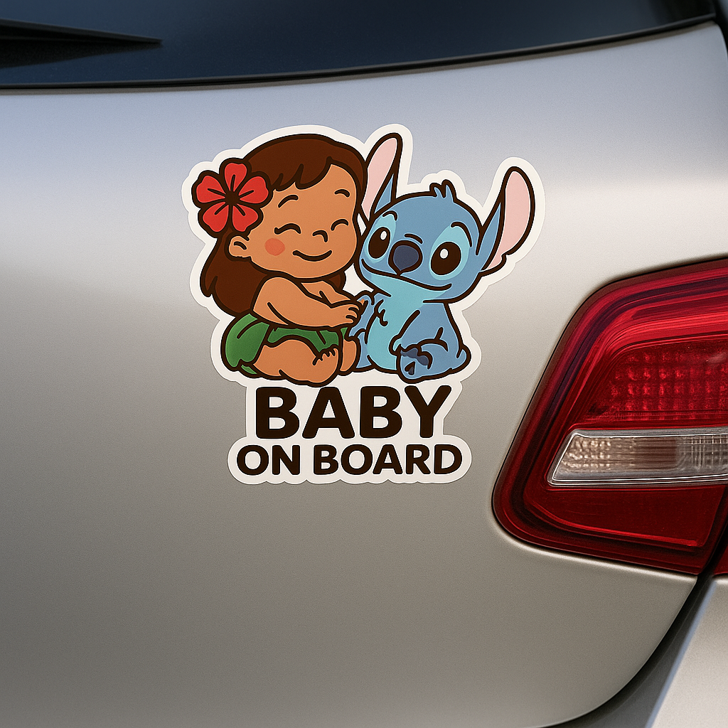 Cute Baby Lilo & Stitch ‘Baby On Board’ Car Sticker – High-Quality Waterproof Vinyl Decal for Cars