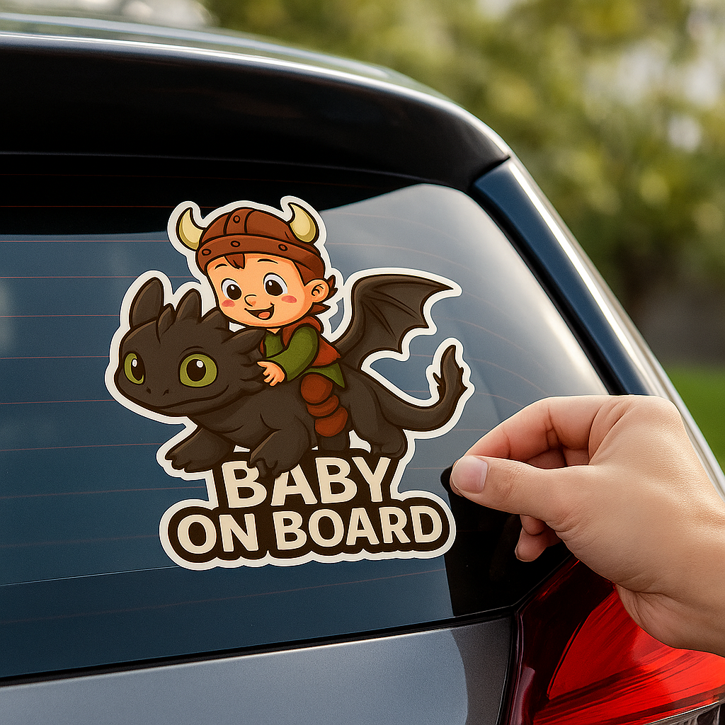 Baby On Board Car Sticker – Cute Baby Hiccup & Toothless Night Fury | HTTYD-Inspired Safety Decal
