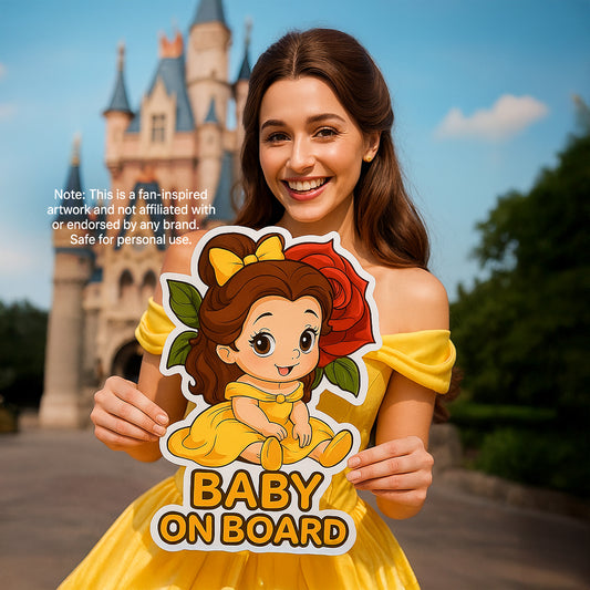 Cute Princess Belle Baby on Board Car Sticker – High Quality Waterproof Vinyl Decal for Beauty and the Beast Fans