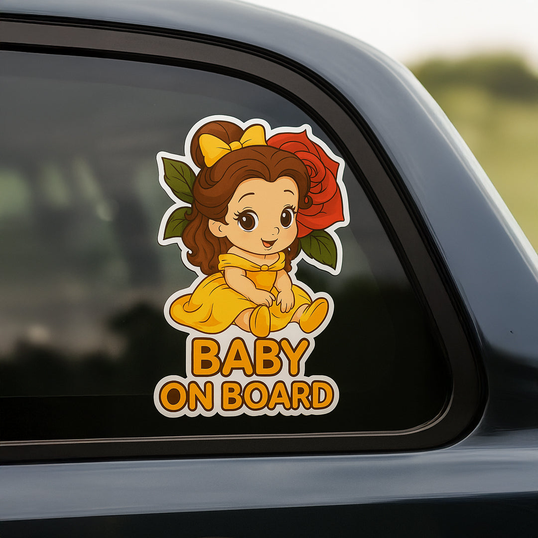Cute Princess Belle Baby on Board Car Sticker – High Quality Waterproof Vinyl Decal for Beauty and the Beast Fans