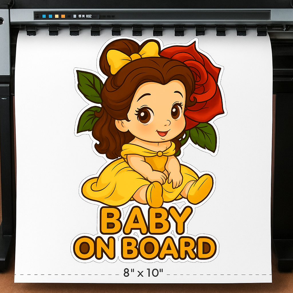 Cute Princess Belle Baby on Board Car Sticker – High Quality Waterproof Vinyl Decal for Beauty and the Beast Fans