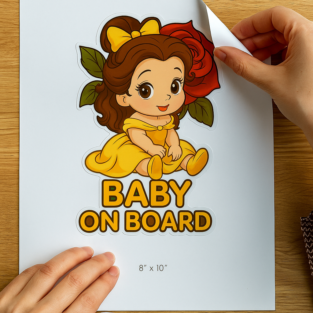 Cute Princess Belle Baby on Board Car Sticker – High Quality Waterproof Vinyl Decal for Beauty and the Beast Fans