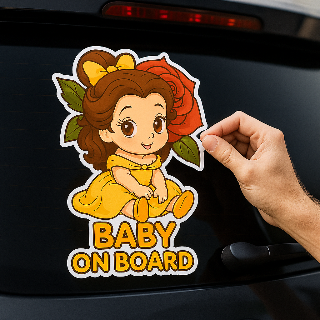 Cute Princess Belle Baby on Board Car Sticker – High Quality Waterproof Vinyl Decal for Beauty and the Beast Fans