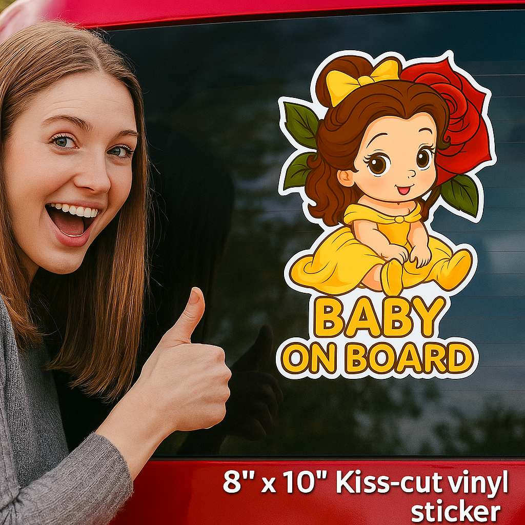 Cute Princess Belle Baby on Board Car Sticker – High Quality Waterproof Vinyl Decal for Beauty and the Beast Fans
