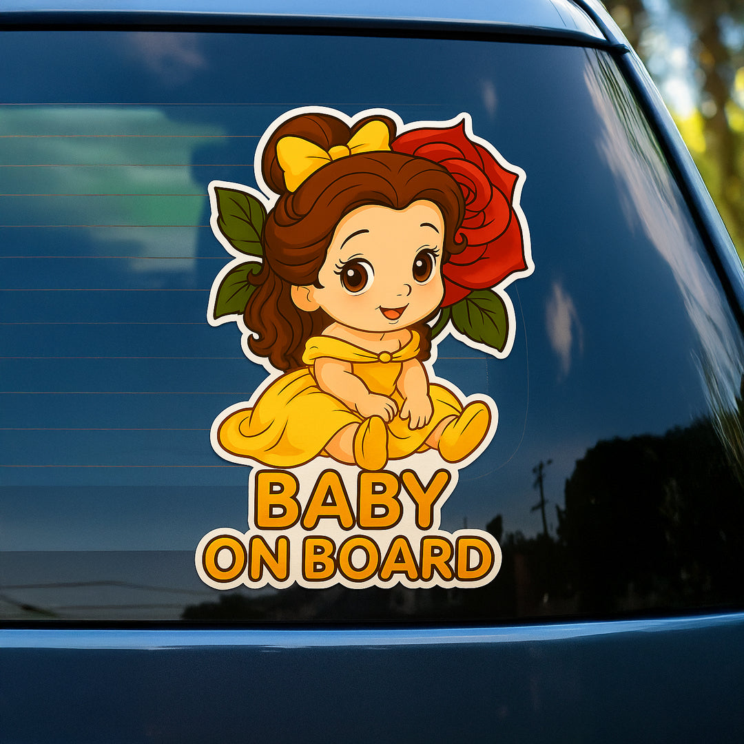 Cute Princess Belle Baby on Board Car Sticker – High Quality Waterproof Vinyl Decal for Beauty and the Beast Fans