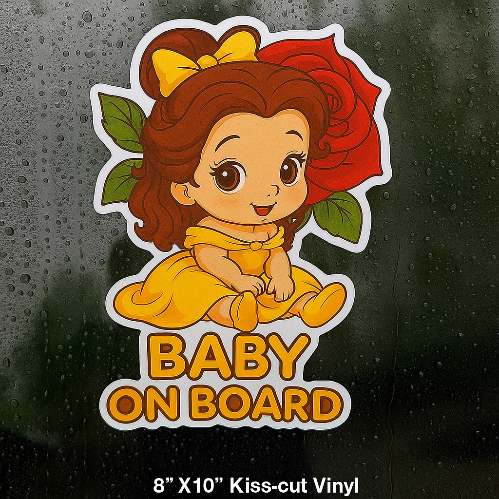Cute Princess Belle Baby on Board Car Sticker – High Quality Waterproof Vinyl Decal for Beauty and the Beast Fans