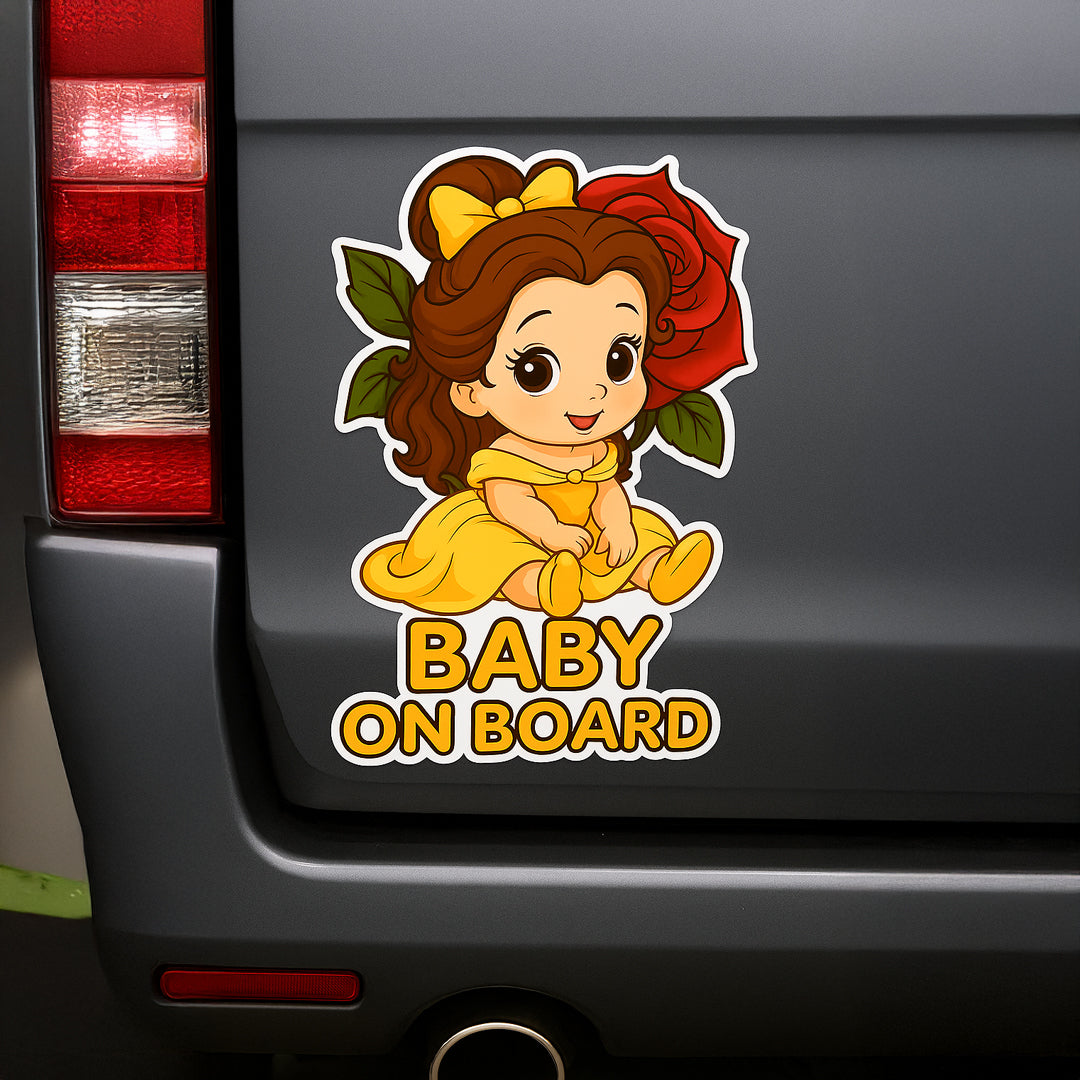 Cute Princess Belle Baby on Board Car Sticker – High Quality Waterproof Vinyl Decal for Beauty and the Beast Fans