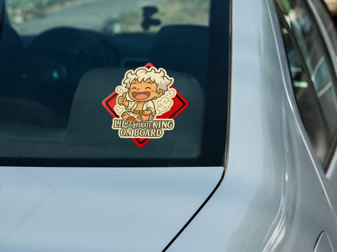 Lil Pirate King On Board – Baby Luffy Gear 5 One Piece Anime Inspired Car Sticker | High Visibility Vinyl Decal