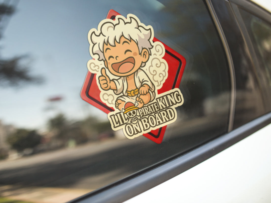 Lil Pirate King On Board – Baby Luffy Gear 5 One Piece Anime Inspired Car Sticker | High Visibility Vinyl Decal