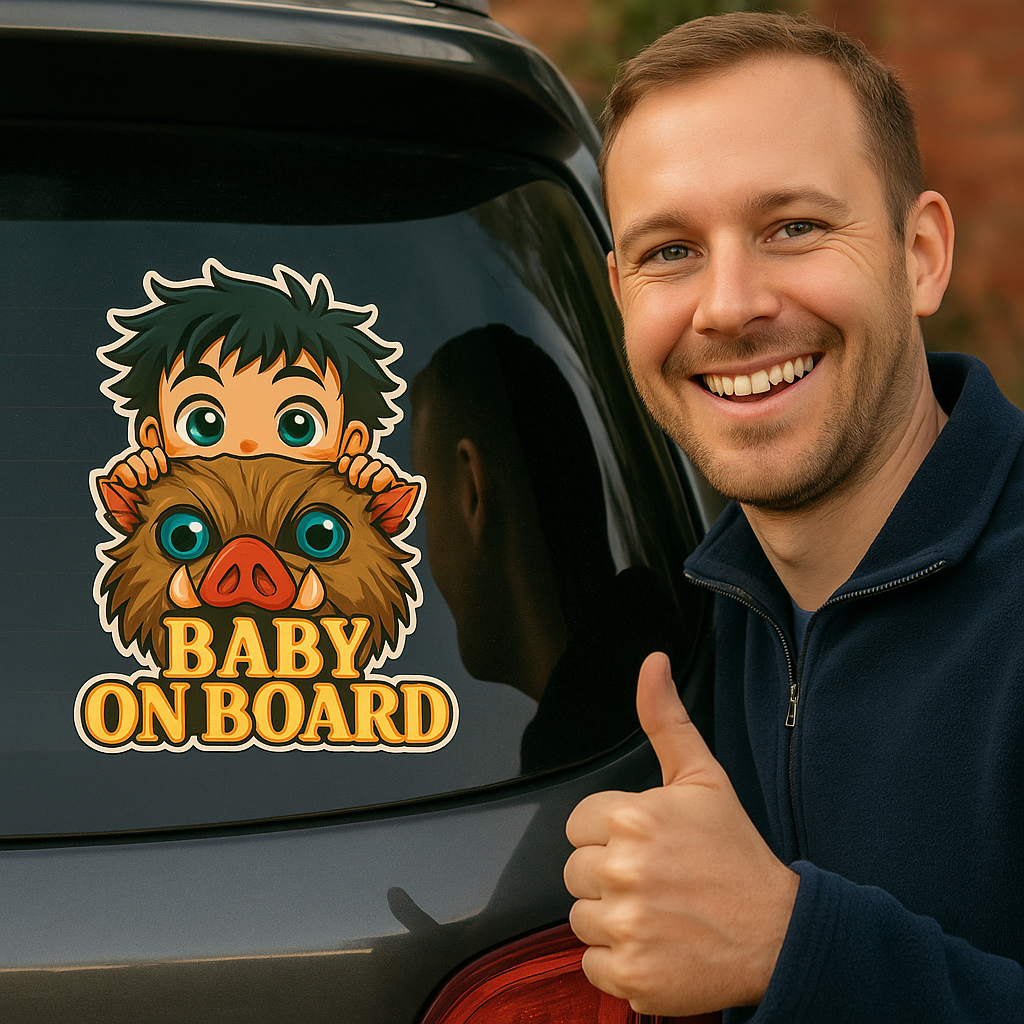 Cute Baby Inosuke "Baby On Board" Car Sticker β Demon Slayer Anime-Inspired,  High Quality Waterproof Vinyl