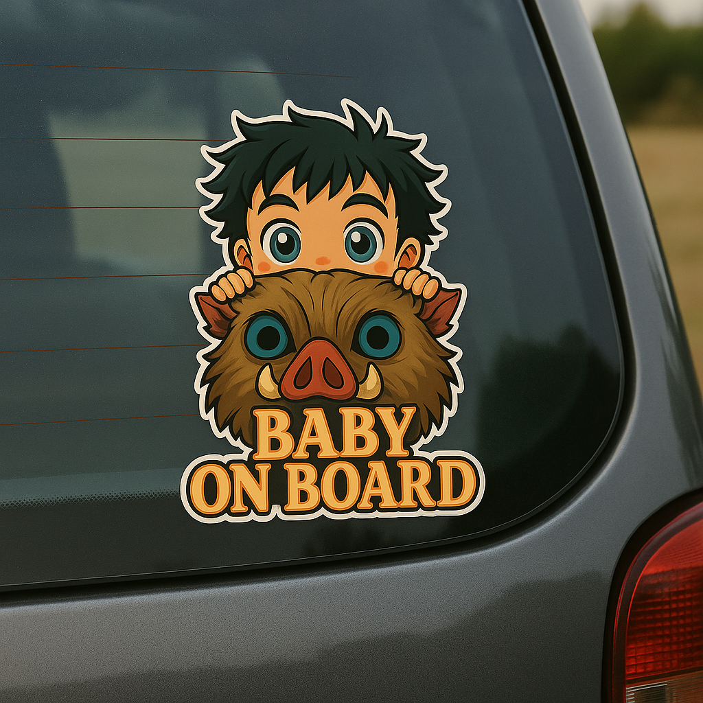 Cute Baby Inosuke "Baby On Board" Car Sticker β Demon Slayer Anime-Inspired,  High Quality Waterproof Vinyl