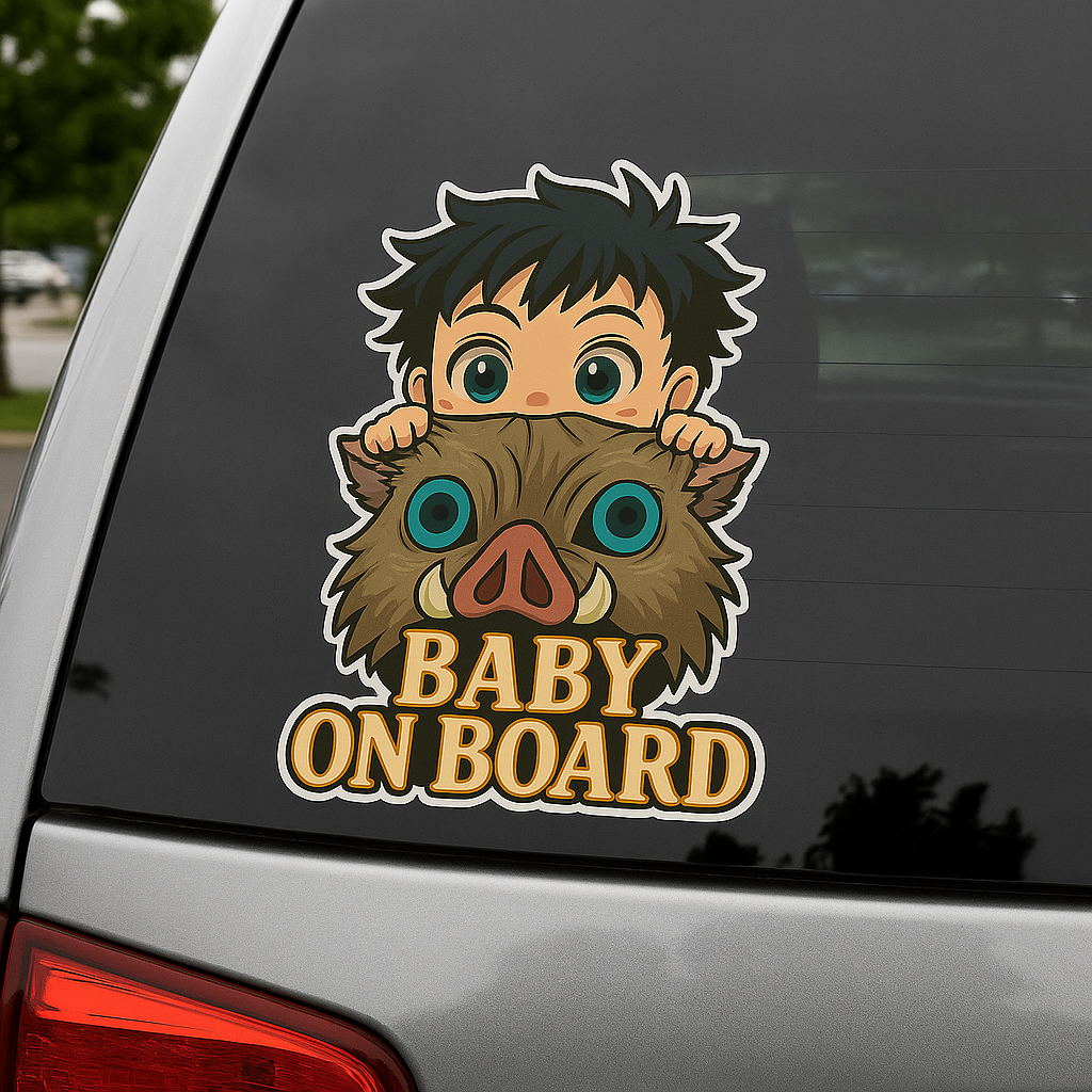 Cute Baby Inosuke "Baby On Board" Car Sticker β Demon Slayer Anime-Inspired,  High Quality Waterproof Vinyl