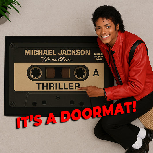 Retro Thriller Cassette Doormat – 18"x30" Vintage Michael Jackson Rug for Music Lovers