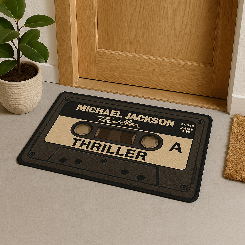 Retro Thriller Cassette Doormat – 18"x30" Vintage Michael Jackson Rug for Music Lovers