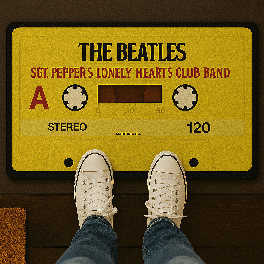 The Beatles Sgt. Pepper Cassette Doormat – 18"x30" Retro Yellow Rug for Music Lovers