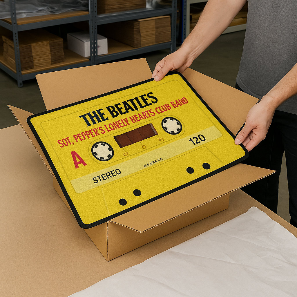 The Beatles Sgt. Pepper Cassette Doormat – 18"x30" Retro Yellow Rug for Music Lovers