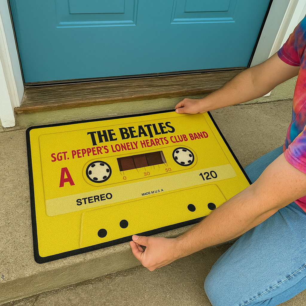 The Beatles Sgt. Pepper Cassette Doormat – 18"x30" Retro Yellow Rug for Music Lovers