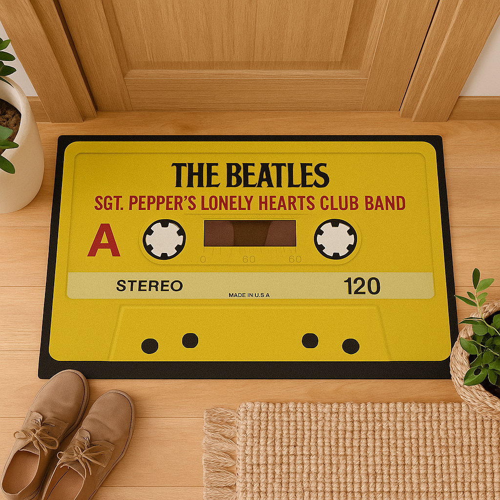 The Beatles Sgt. Pepper Cassette Doormat – 18"x30" Retro Yellow Rug for Music Lovers