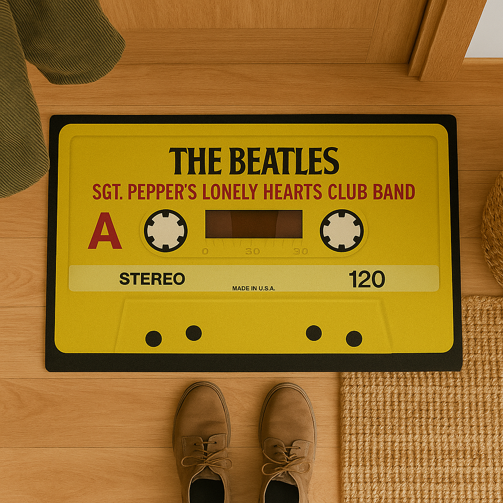 The Beatles Sgt. Pepper Cassette Doormat – 18"x30" Retro Yellow Rug for Music Lovers