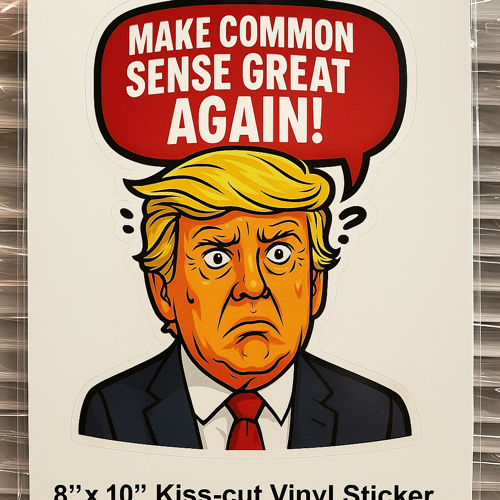 Funny Trump Car Sticker – “Make Common Sense Great Again” Cartoon Vinyl Decal | 6"x8" & 8"x10" | Laptop, Bumper, Wall