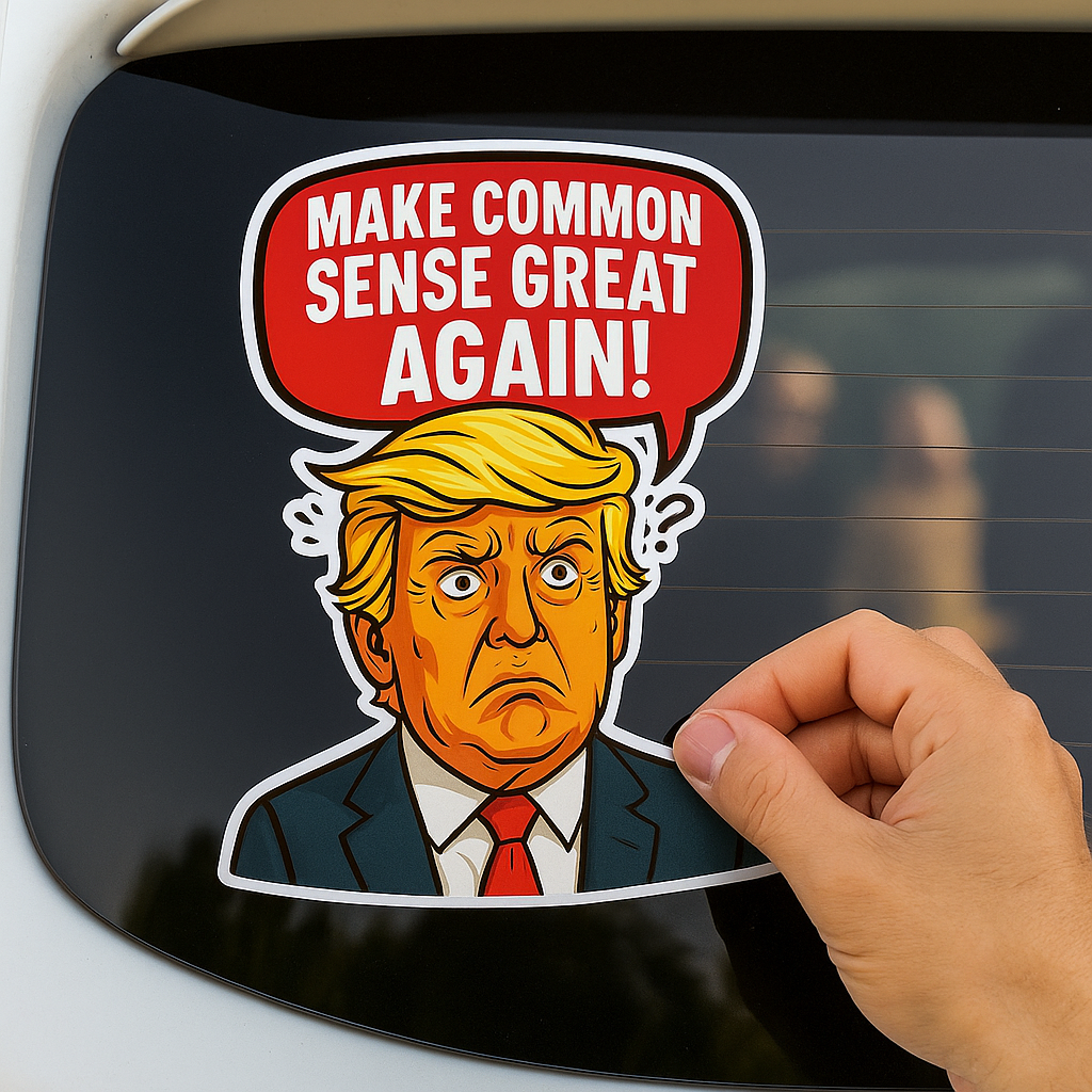 Funny Trump Car Sticker – “Make Common Sense Great Again” Cartoon Vinyl Decal | 6"x8" & 8"x10" | Laptop, Bumper, Wall