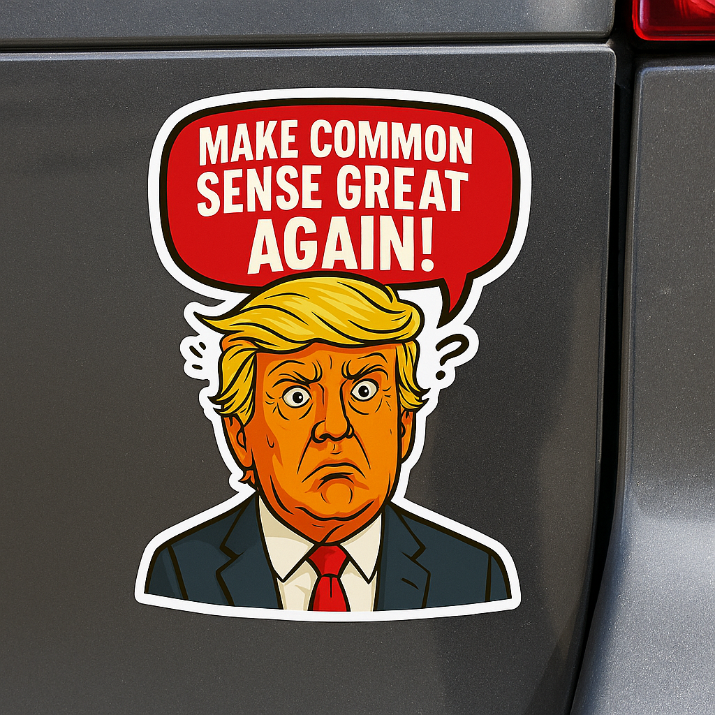 Funny Trump Car Sticker – “Make Common Sense Great Again” Cartoon Vinyl Decal | 6"x8" & 8"x10" | Laptop, Bumper, Wall