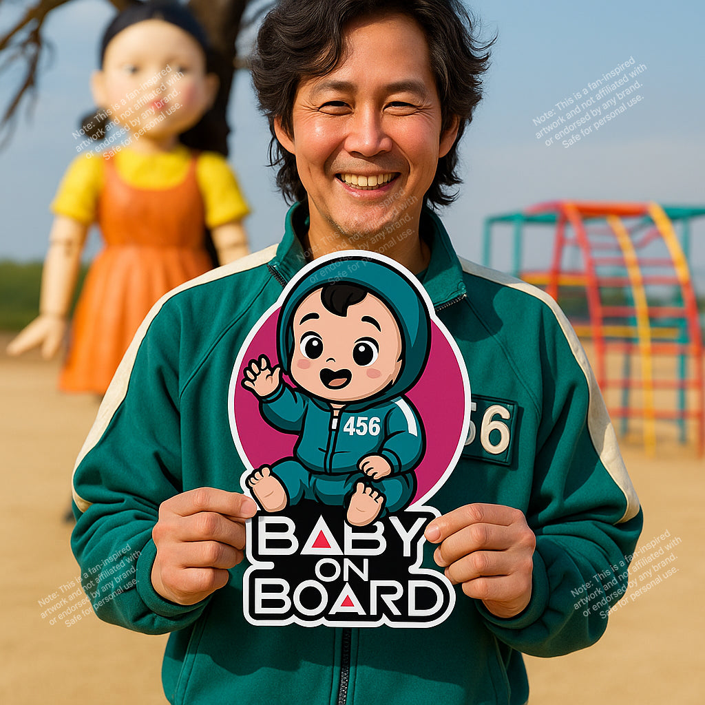 Baby On Board Car Sticker – Cute Squid Game Player 456 Design | Funny Vinyl Safety Decal (6"x8" & 8"x10")
