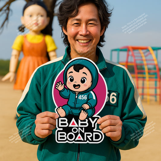 Baby On Board Car Sticker – Cute Squid Game Player 456 Design | Funny Vinyl Safety Decal (6"x8" & 8"x10")