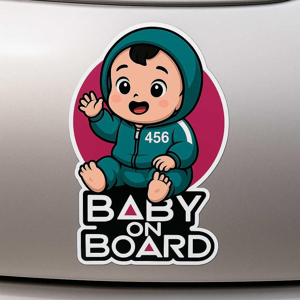 Baby On Board Car Sticker – Cute Squid Game Player 456 Design | Funny Vinyl Safety Decal (6"x8" & 8"x10")