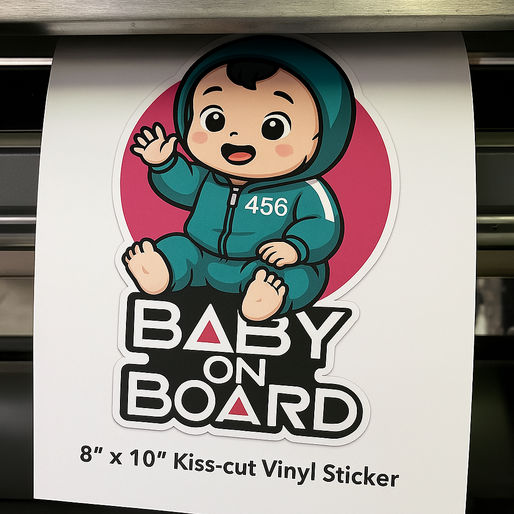 Baby On Board Car Sticker – Cute Squid Game Player 456 Design | Funny Vinyl Safety Decal (6"x8" & 8"x10")