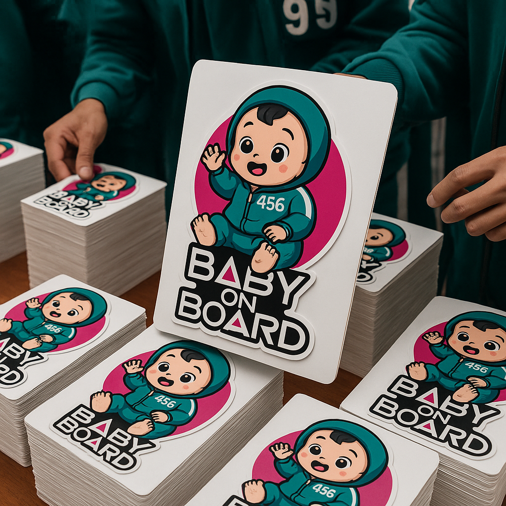 Baby On Board Car Sticker – Cute Squid Game Player 456 Design | Funny Vinyl Safety Decal (6"x8" & 8"x10")