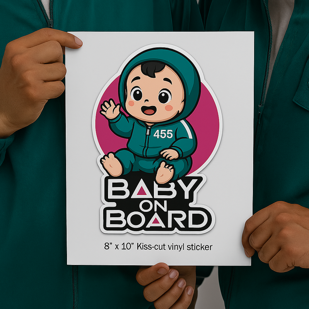 Baby On Board Car Sticker – Cute Squid Game Player 456 Design | Funny Vinyl Safety Decal (6"x8" & 8"x10")