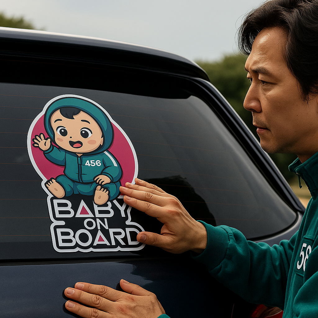 Baby On Board Car Sticker – Cute Squid Game Player 456 Design | Funny Vinyl Safety Decal (6"x8" & 8"x10")