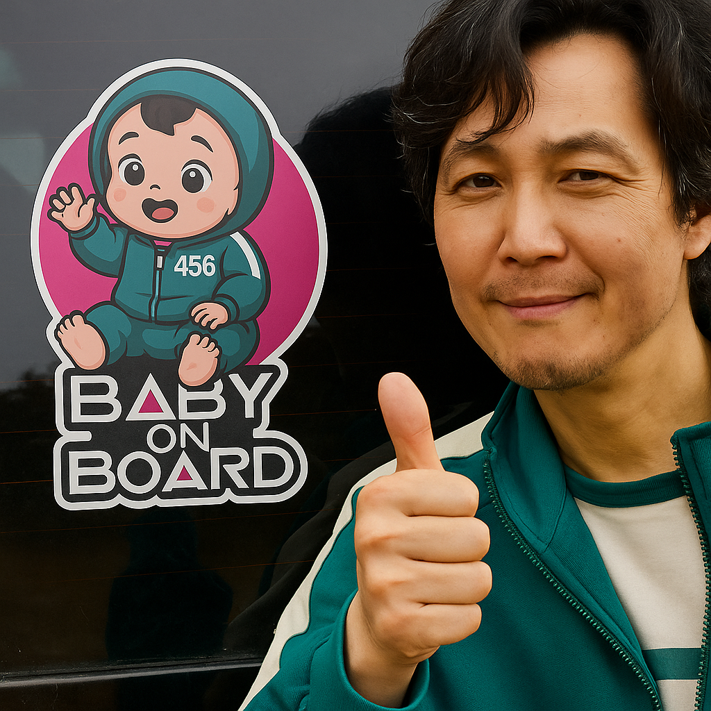 Baby On Board Car Sticker – Cute Squid Game Player 456 Design | Funny Vinyl Safety Decal (6"x8" & 8"x10")