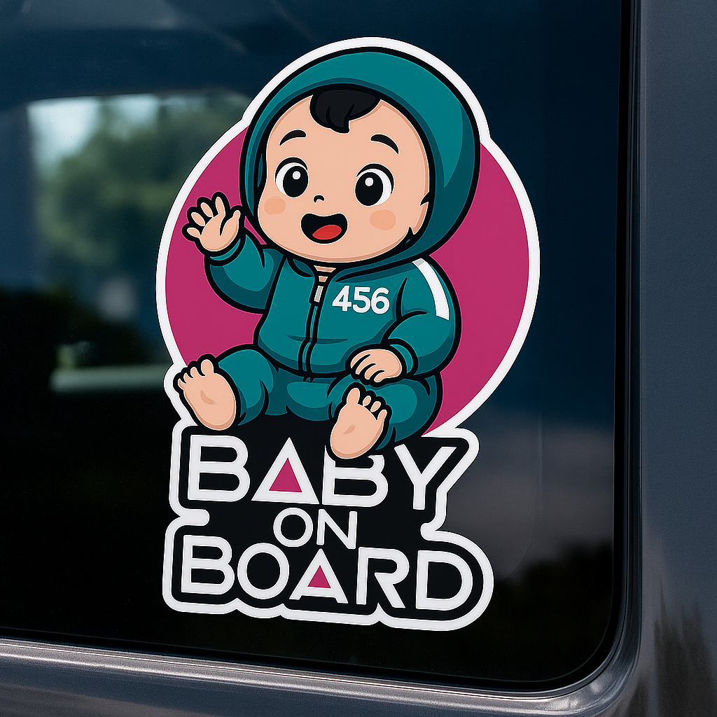 Baby On Board Car Sticker – Cute Squid Game Player 456 Design | Funny Vinyl Safety Decal (6"x8" & 8"x10")