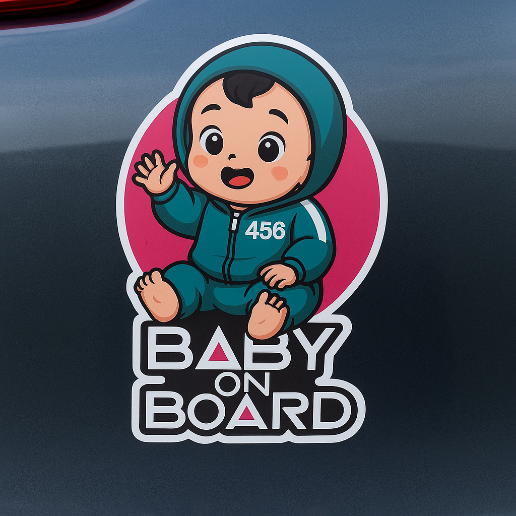 Baby On Board Car Sticker – Cute Squid Game Player 456 Design | Funny Vinyl Safety Decal (6"x8" & 8"x10")
