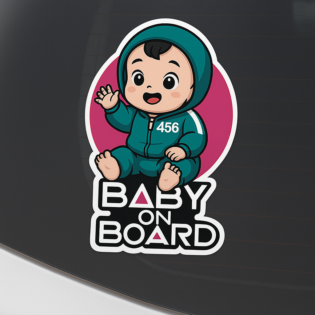 Baby On Board Car Sticker – Cute Squid Game Player 456 Design | Funny Vinyl Safety Decal (6"x8" & 8"x10")