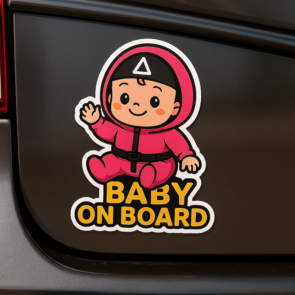 Baby On Board Car Sticker – Cute Squid Game Soldier Guard Vinyl Decal | 6"x8" & 8"x10" Kiss-Cut Sizes