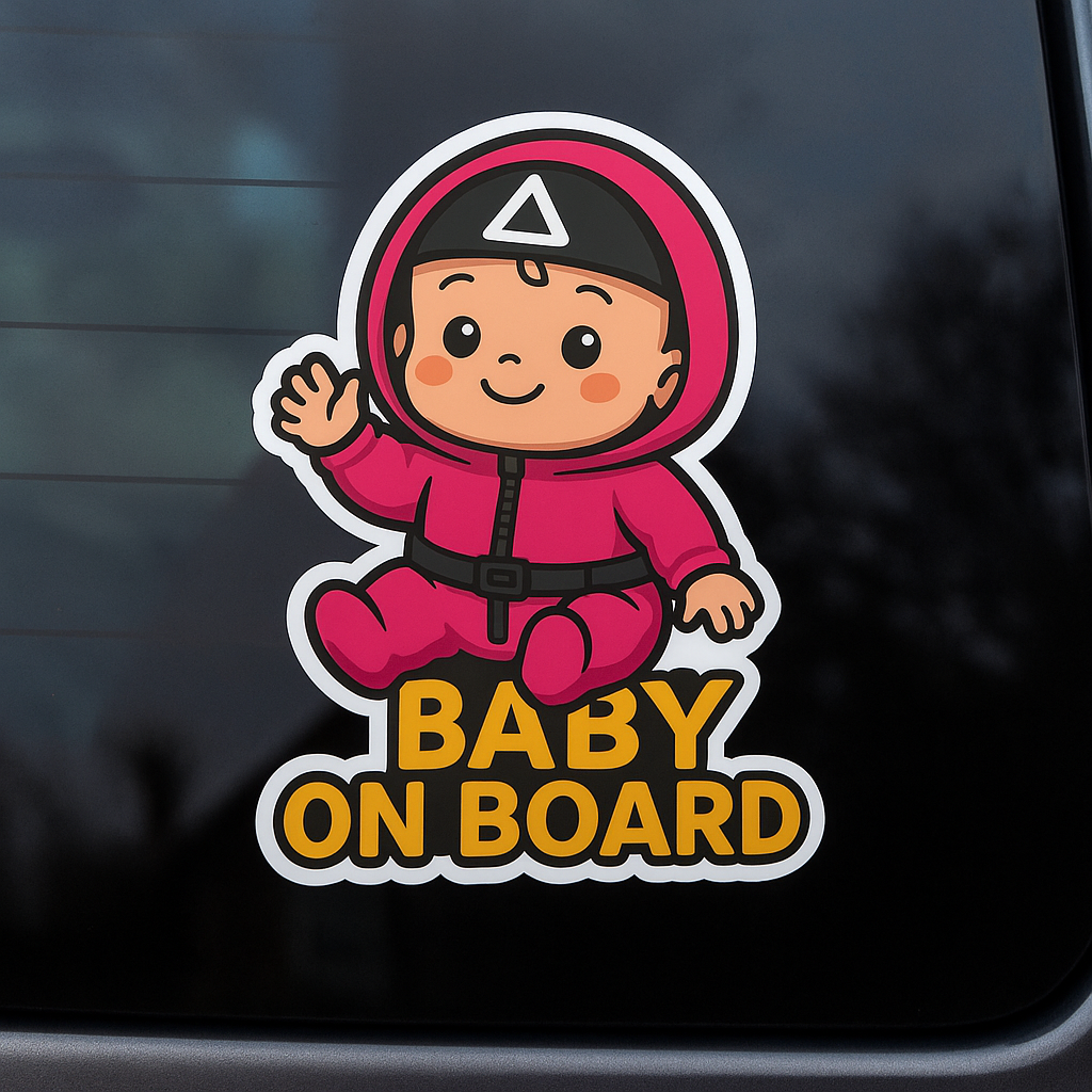 Baby On Board Car Sticker – Cute Squid Game Soldier Guard Vinyl Decal | 6"x8" & 8"x10" Kiss-Cut Sizes
