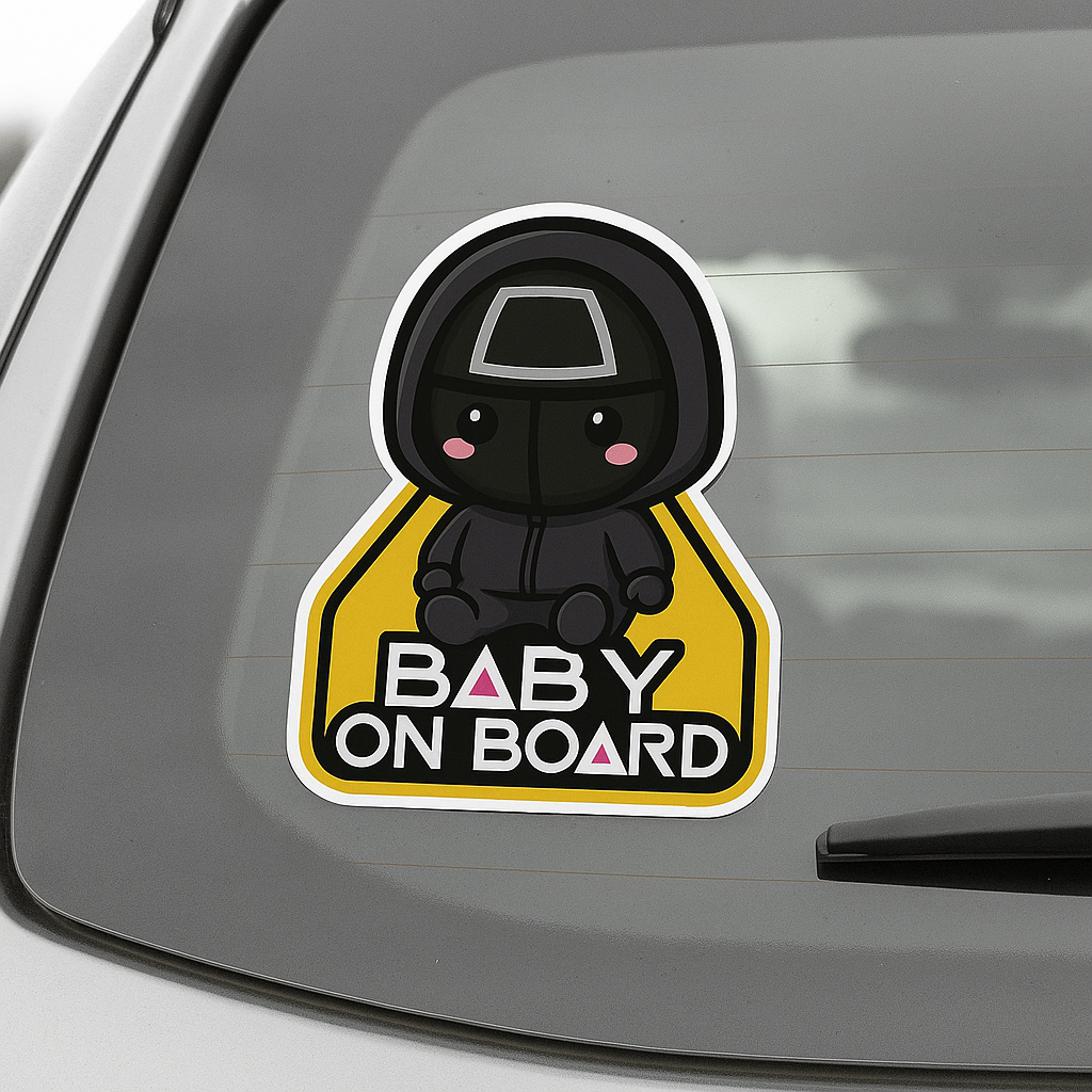 Baby On Board Car Sticker – Cute Squid Game Front Man | 6"x8" & 8"x10" Vinyl Decal